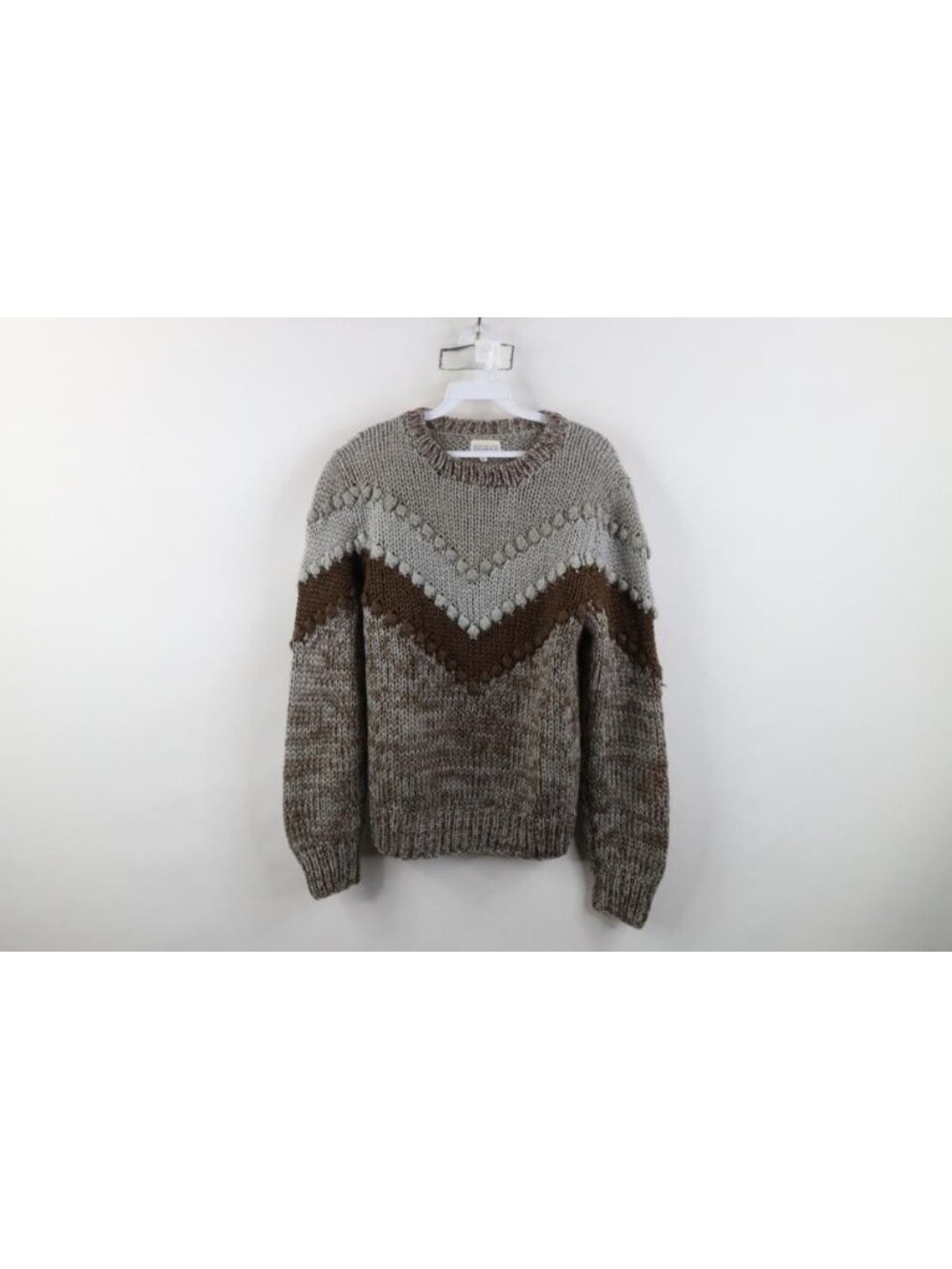 Vintage 70s 80s Crochet Knit Crewneck Sweater Womens Size L Textured Earth Tone